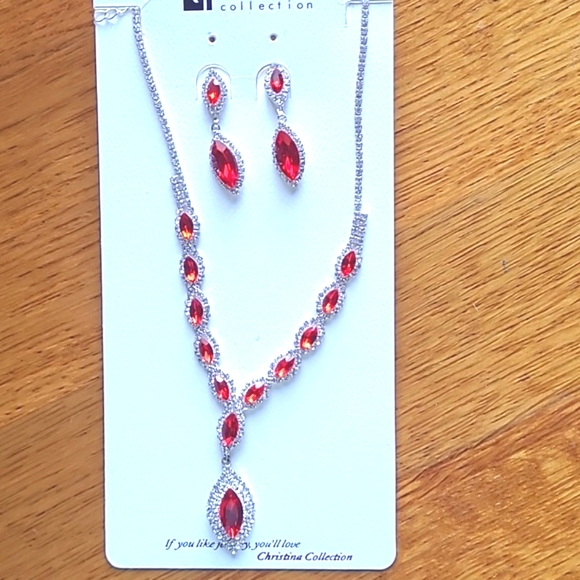 Christina Collection Red Necklace and Earrings - Picture 1 of 4